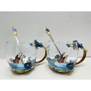 2 ARC of France Glass Tea Cup With Enamel Blue Rose Butterfly Stirring Spoons